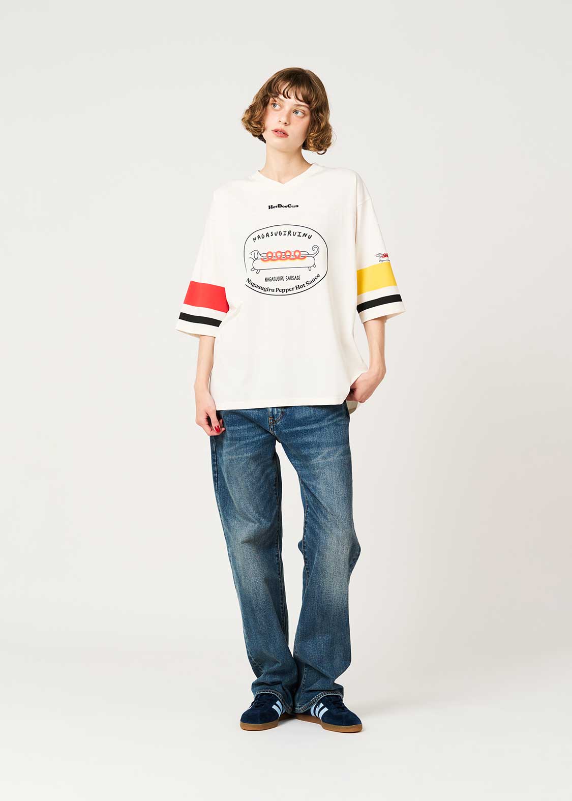 Nagasugiru Inu Meets Hot Dog | V-Neck Football T-Shirt