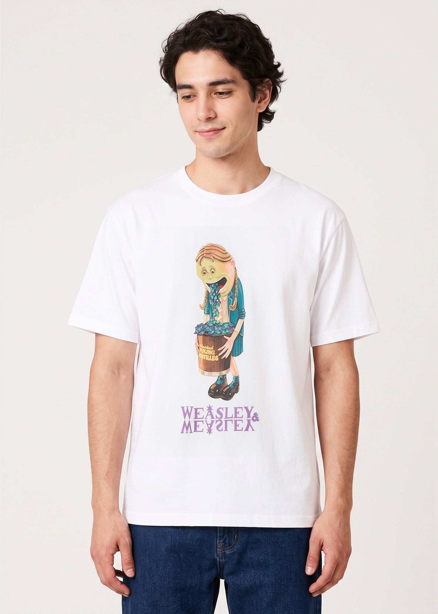 Via Artists white cotton unisex T-shirt featuring a Harry Potter Puking Pastilles graphic print on a male model