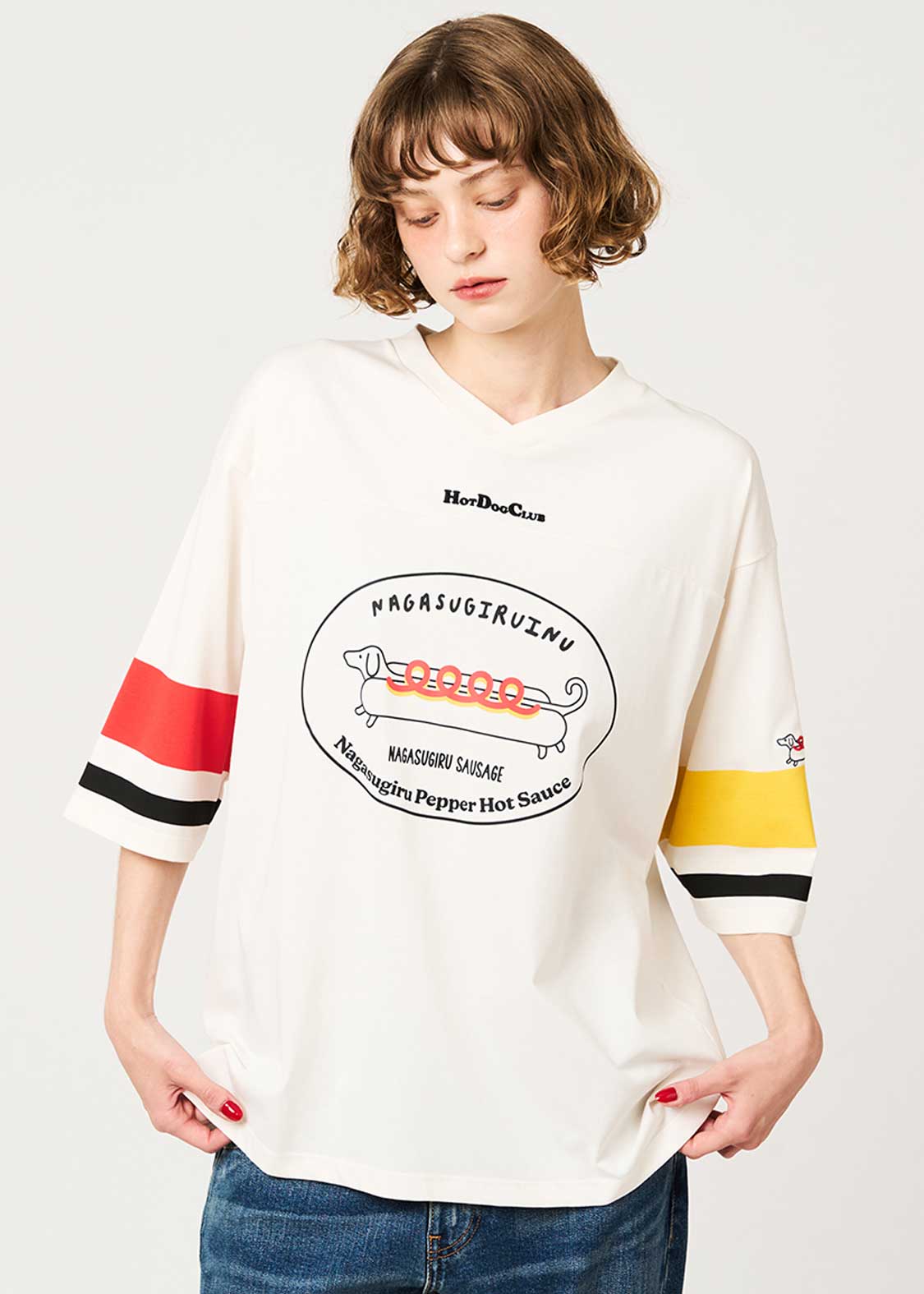 Nagasugiru Inu Meets Hot Dog | V-Neck Football T-Shirt