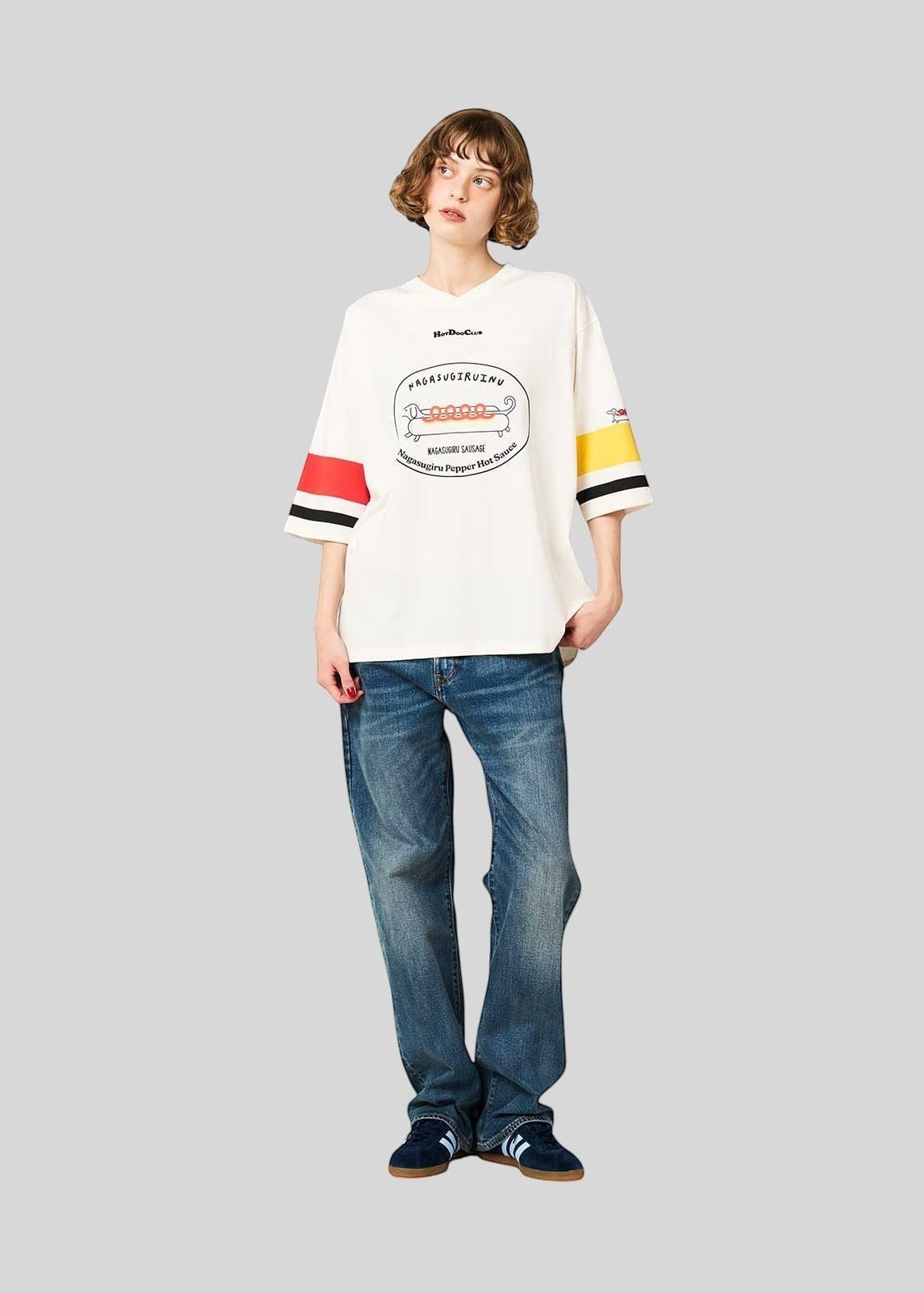 Nagasugiru Inu Meets Hot Dog | V-Neck Football T-Shirt