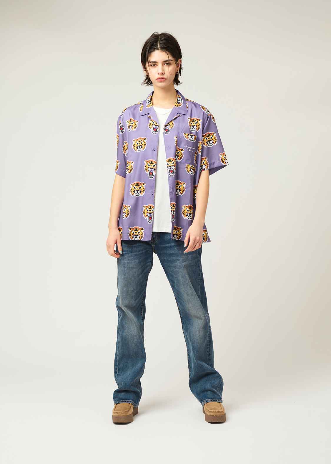 Open Collar Short Sleeve Shirt (Awesome Tiger)