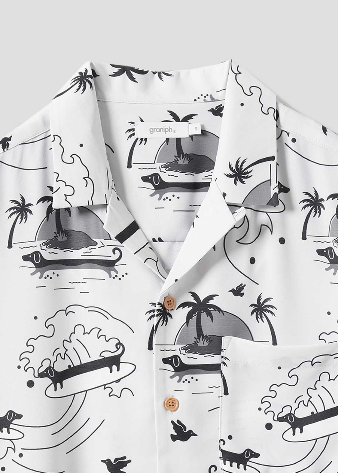 Nagasugiru Inu Playing With Waves | Open Collar Aloha Shirt