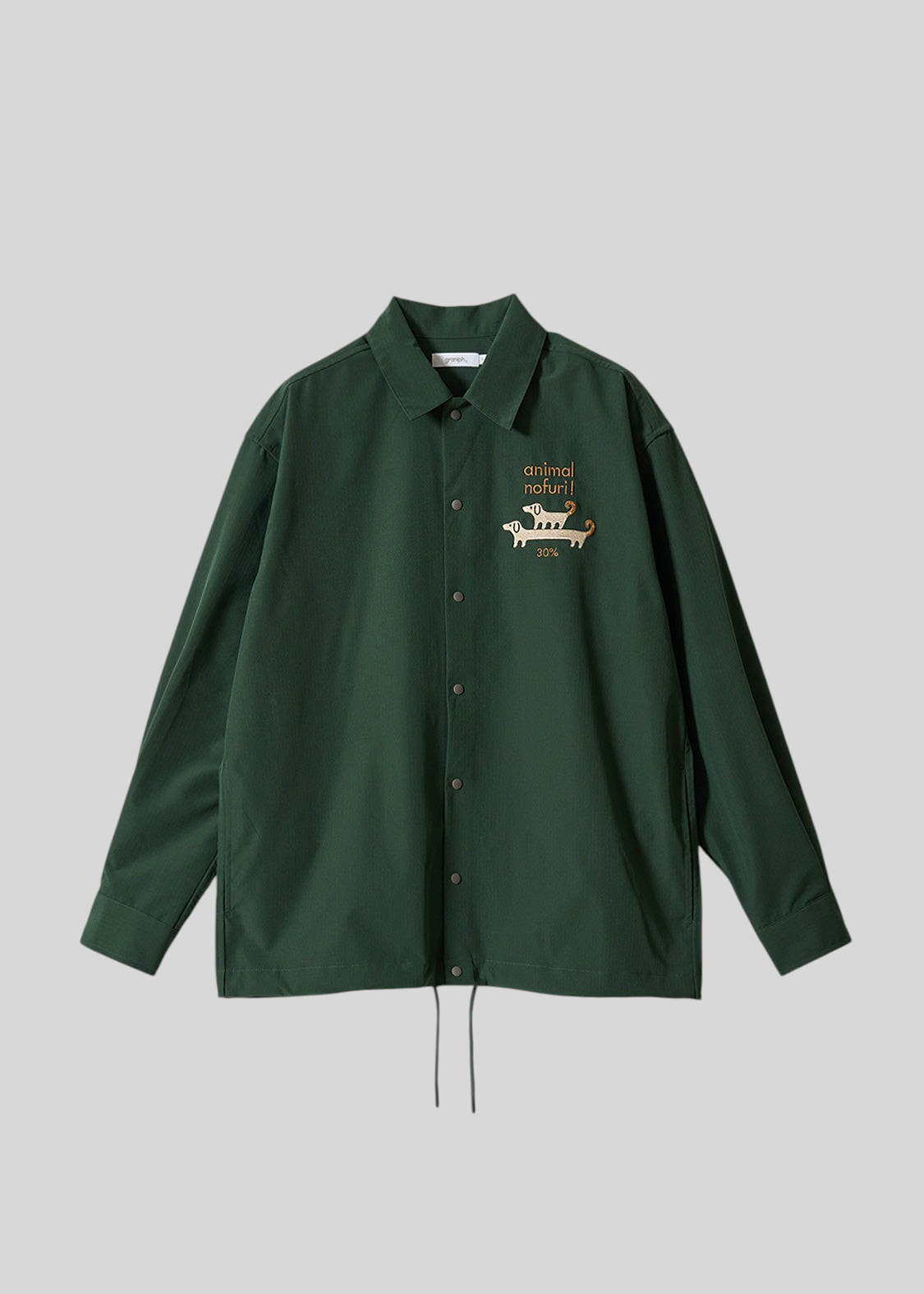 Via Artists dark green ripstop coach shirt with long-haired dog embroidery and snap button closure
