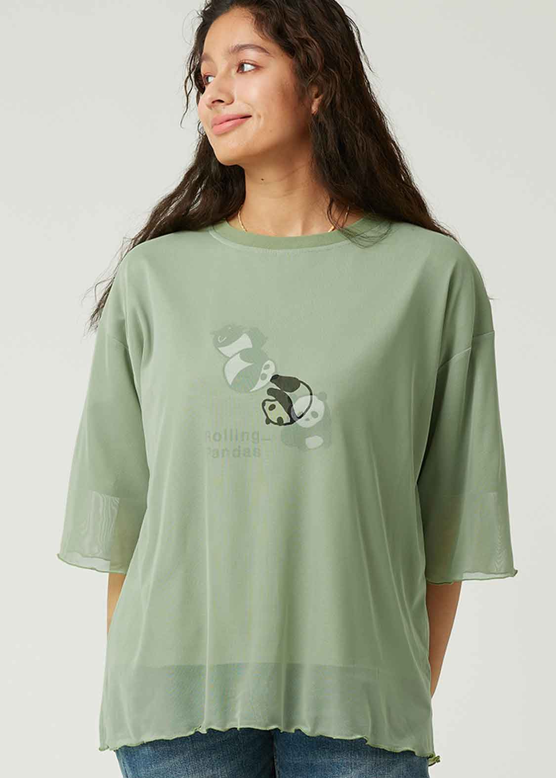 Sheer Layered Short Sleeve Tee (Rolling Pandas)