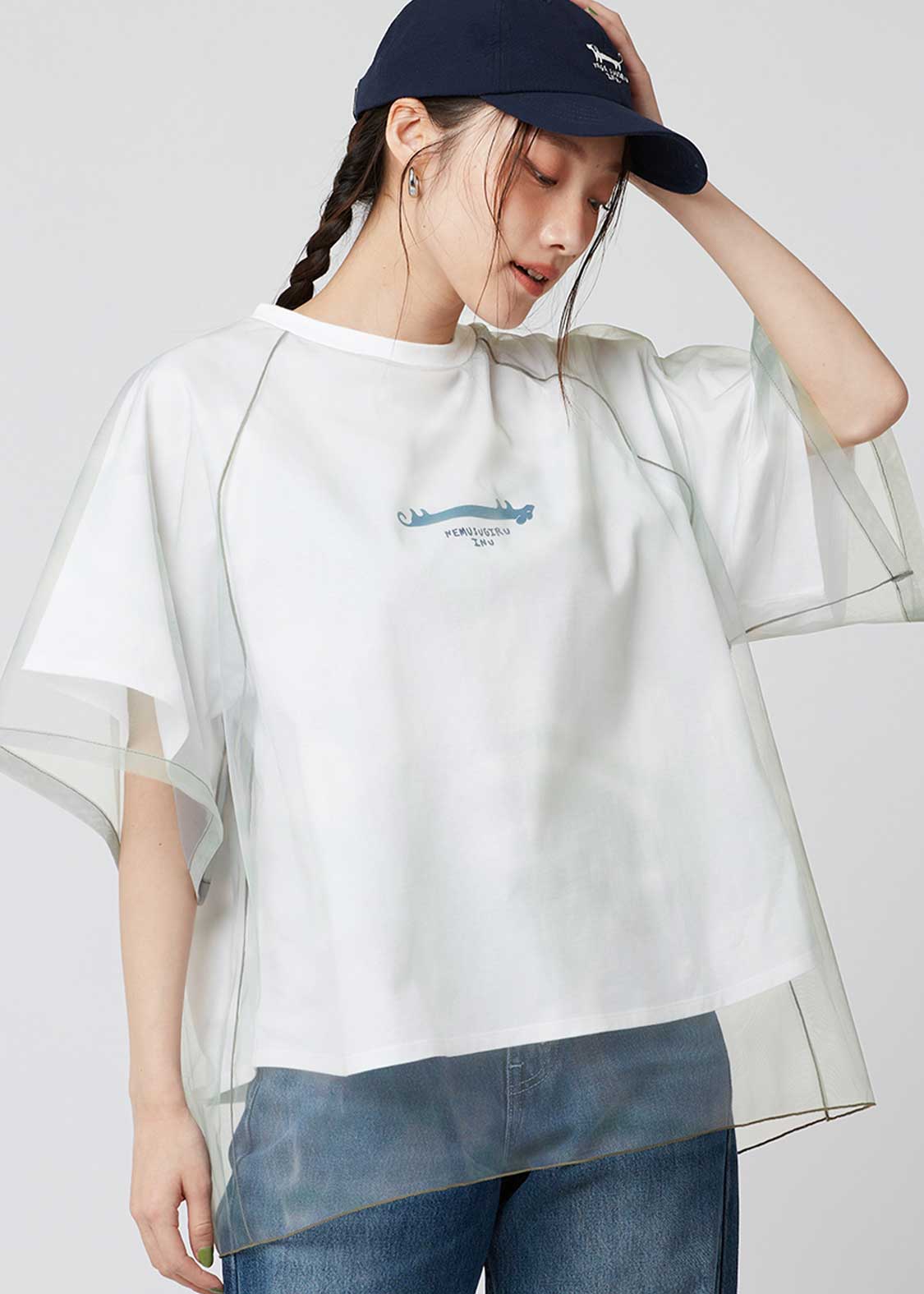 Sheer Layered Raglan Sleeve Tee (Nagasugiru Inu)