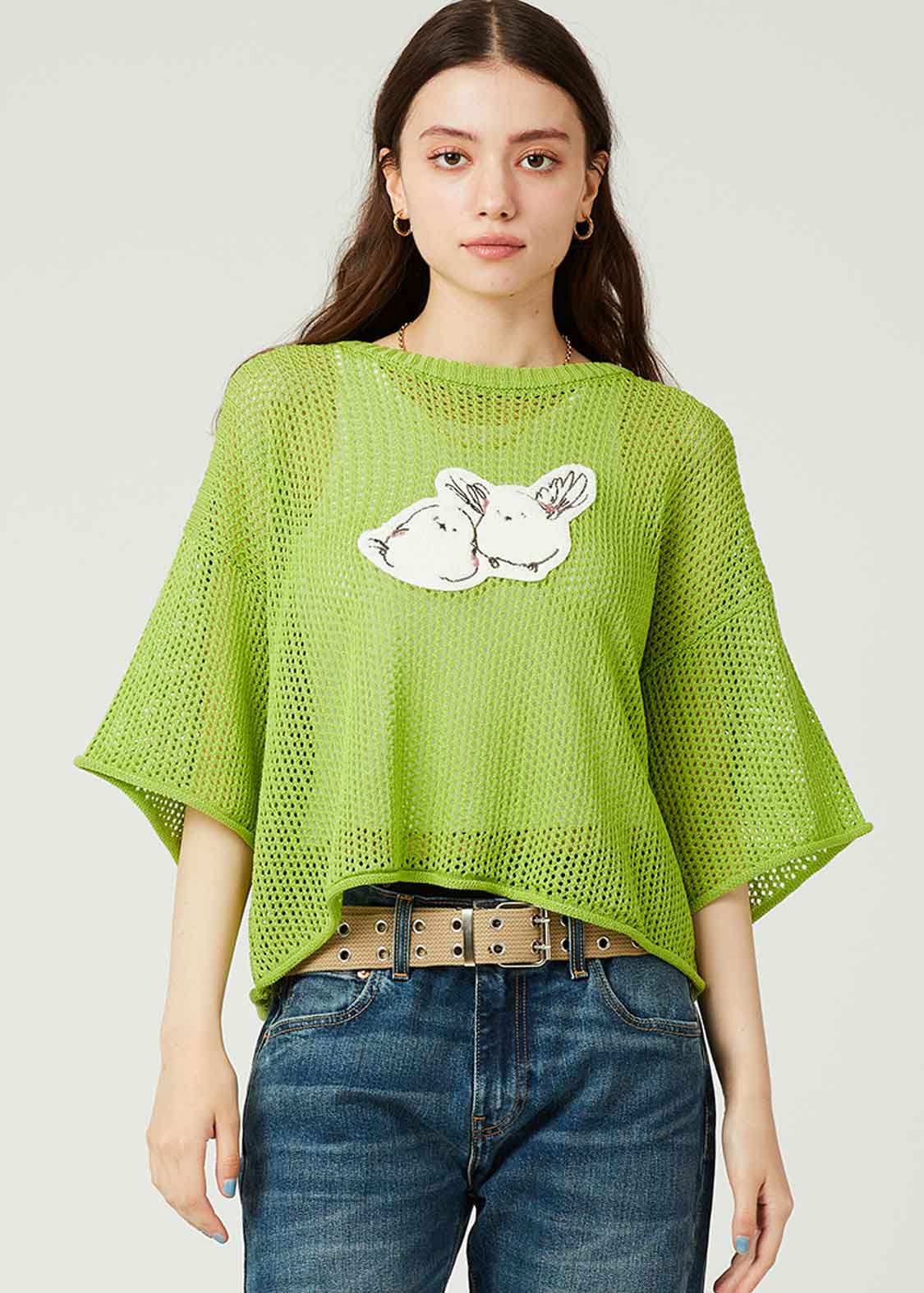 Washable Mesh Half Sleeve Knit Tee (Shimaenaga)