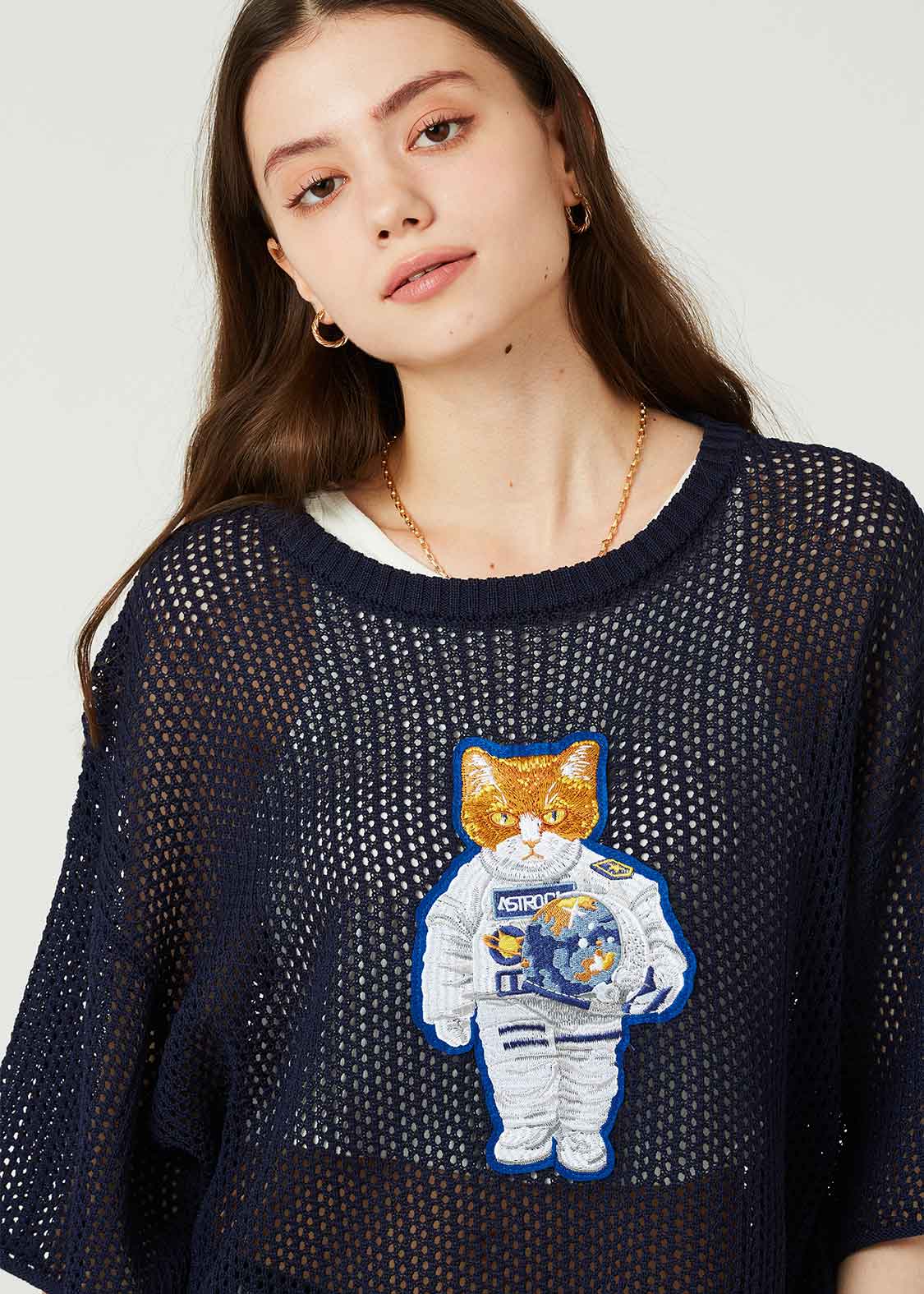 Washable Mesh Half Sleeve Knit Tee (ASTRO CAT)