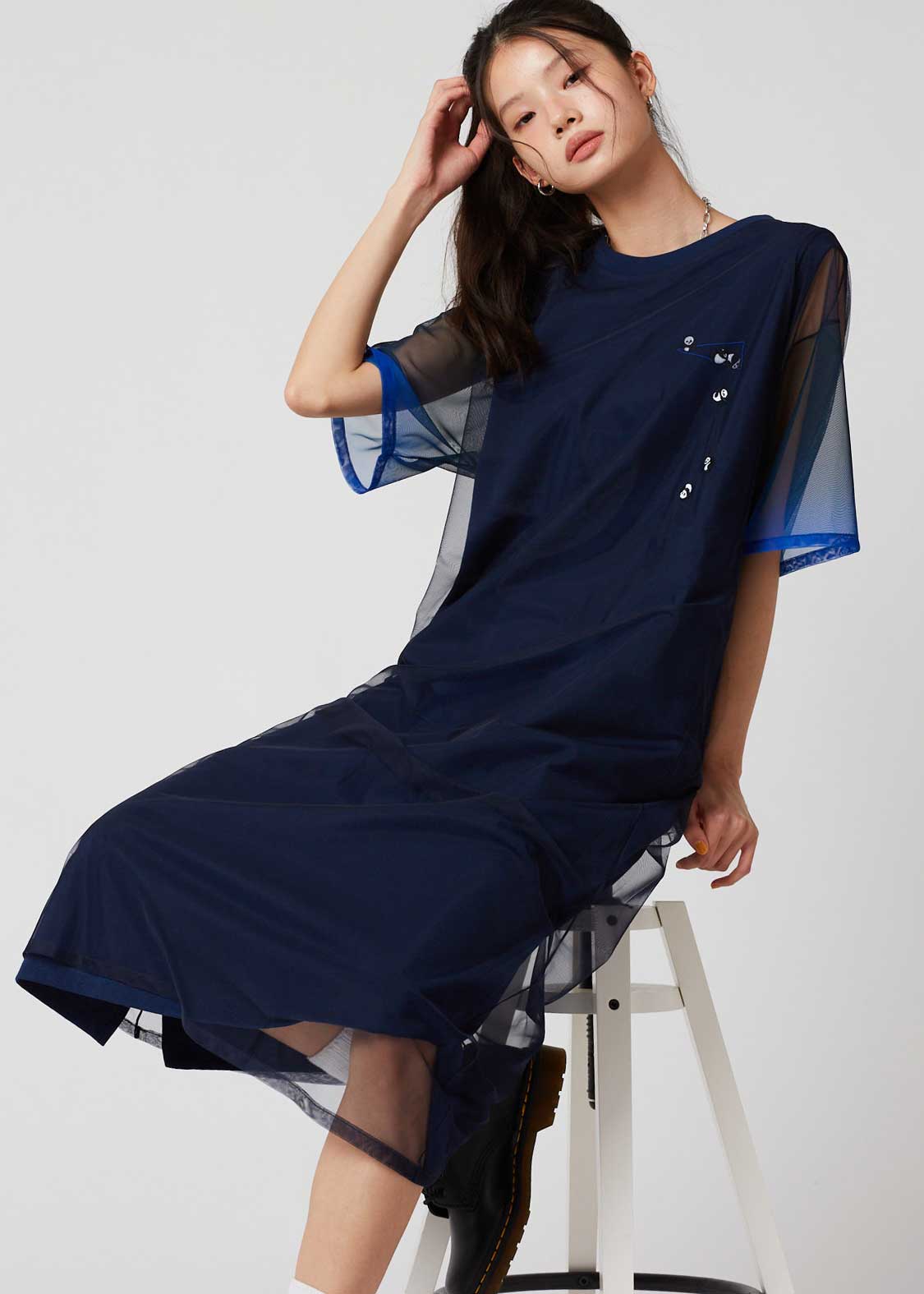 Sheer Layered Short Sleeve One-Piece (Rolling Pandas Pennant)