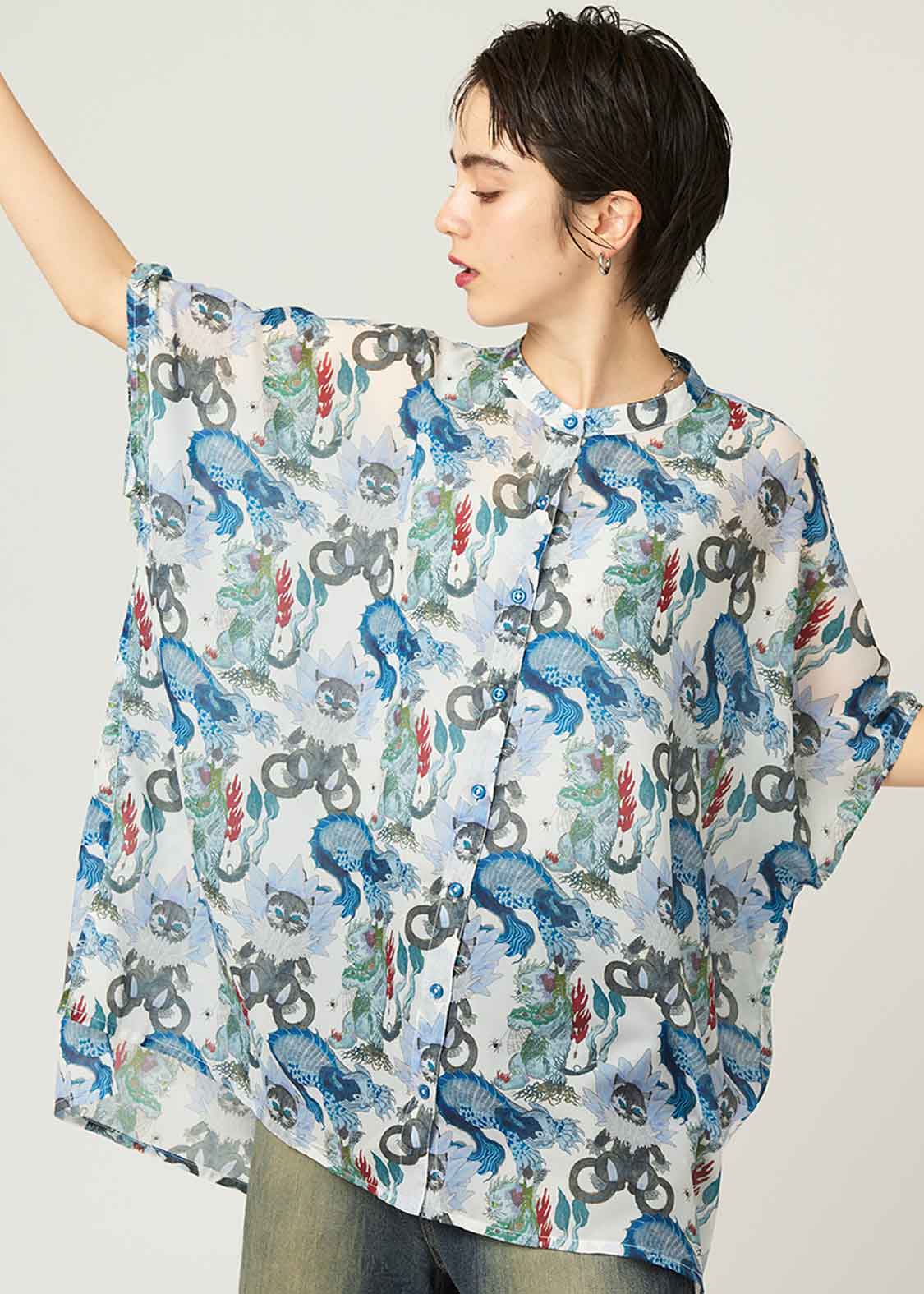 Ayako Ishiguro Sheer Box Short Sleeve Shirt (Ayako Ishiguro_Nekomata kittens Pattern)