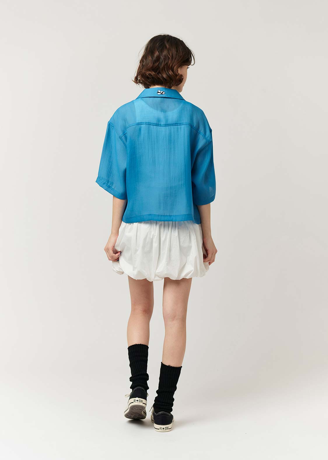 Open Collar Short Sleeve Sheer Shirt (Rolling Pandas Pennant)