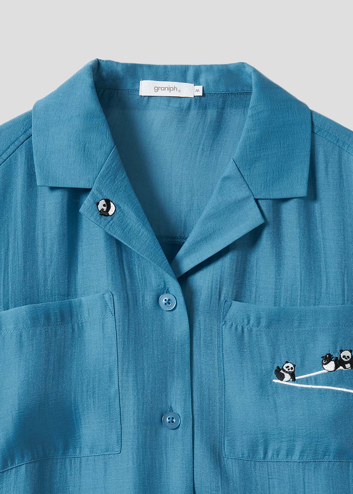 Open Collar Short Sleeve Sheer Shirt (Rolling Pandas Pennant)