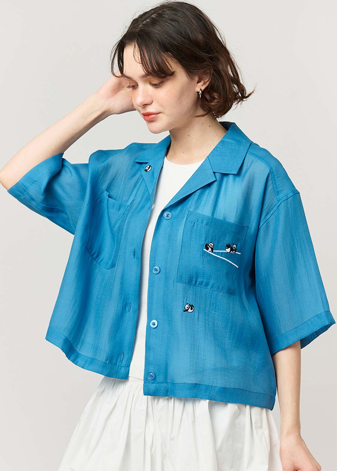 Open Collar Short Sleeve Sheer Shirt (Rolling Pandas Pennant)