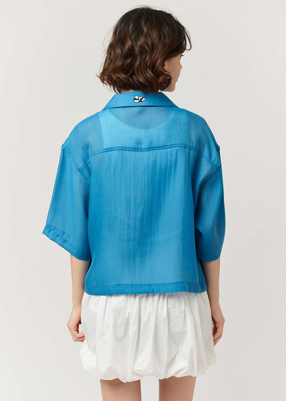 Open Collar Short Sleeve Sheer Shirt (Rolling Pandas Pennant)