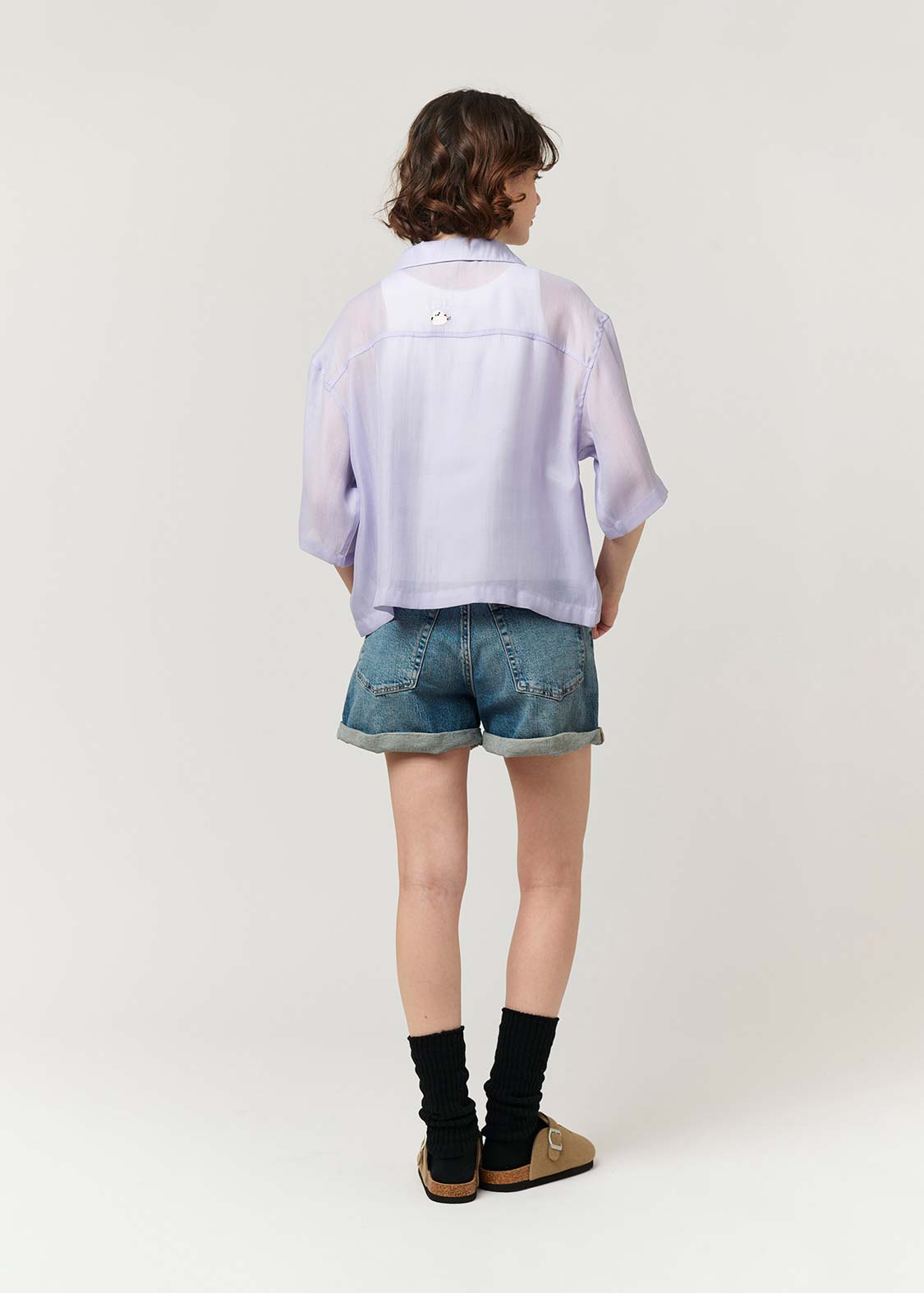 Open Collar Short Sleeve Sheer Shirt (Shimaenaga)