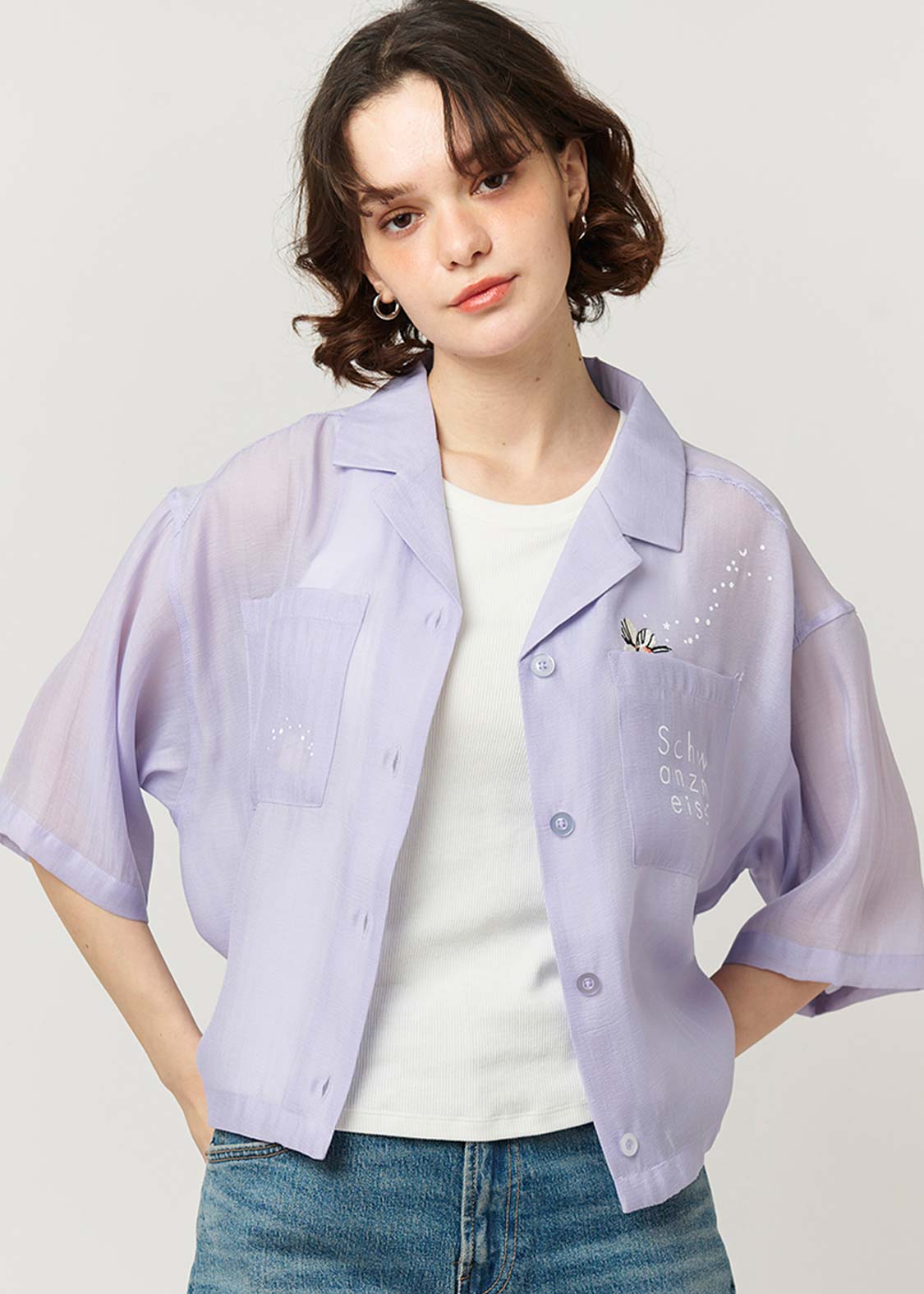 Open Collar Short Sleeve Sheer Shirt (Shimaenaga)