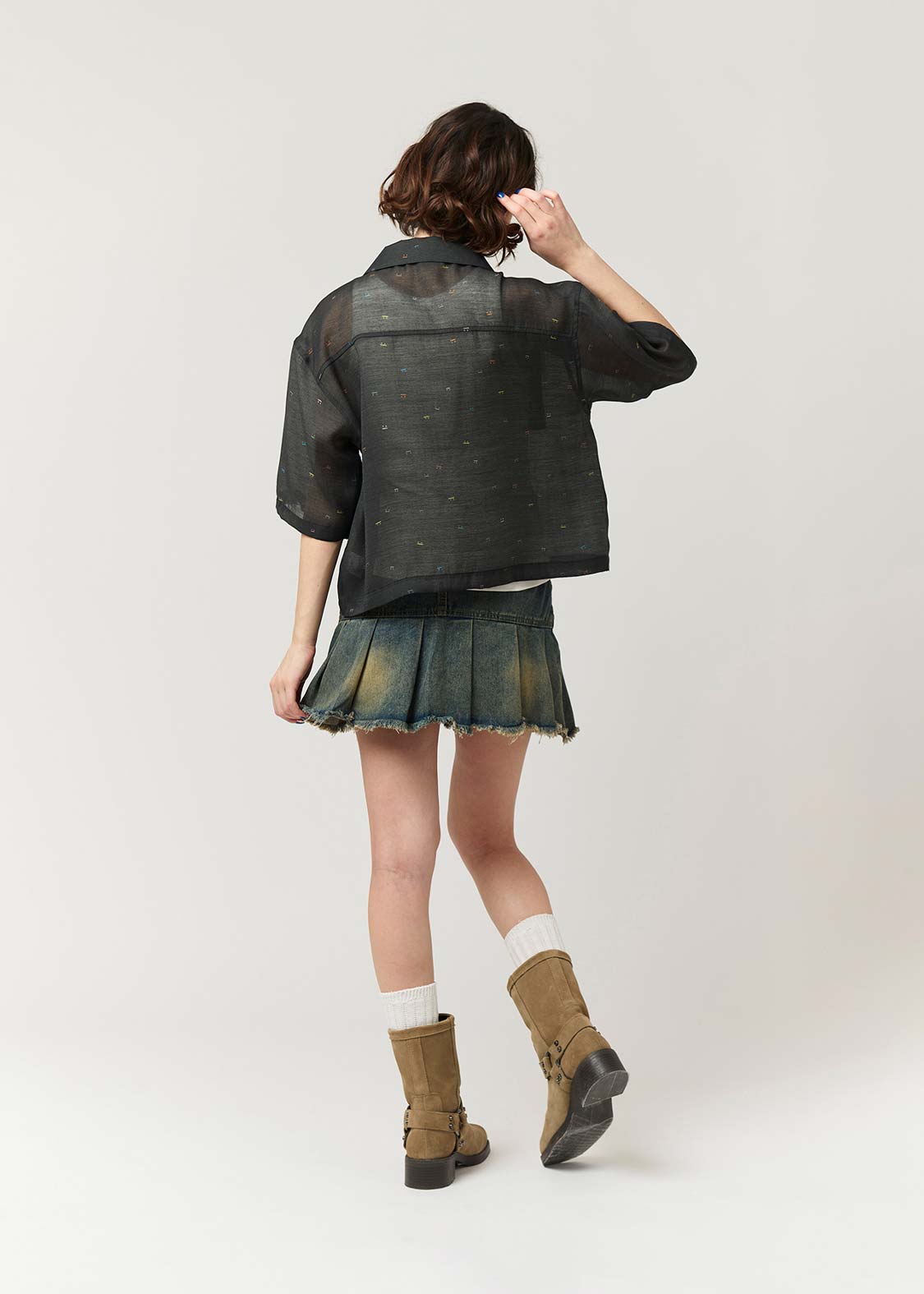 Open Collar Short Sleeve Sheer Shirt (Beautiful Shadow Zoom Neon)