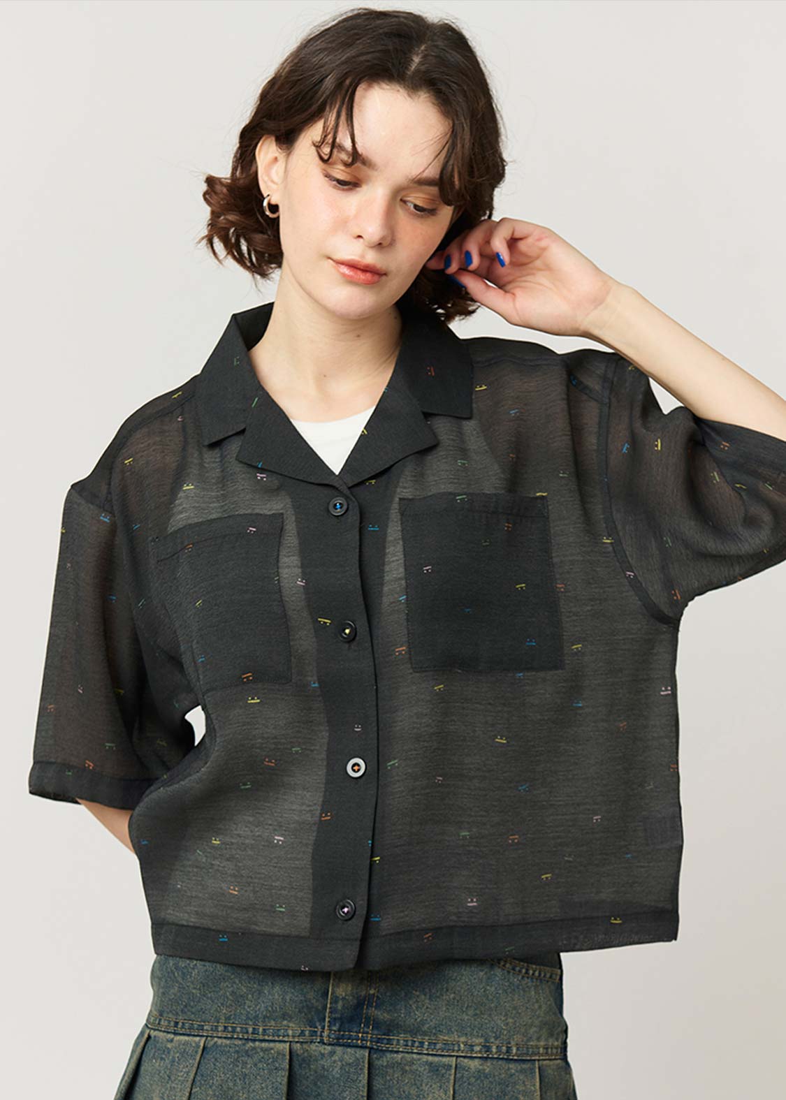 Open Collar Short Sleeve Sheer Shirt (Beautiful Shadow Zoom Neon)