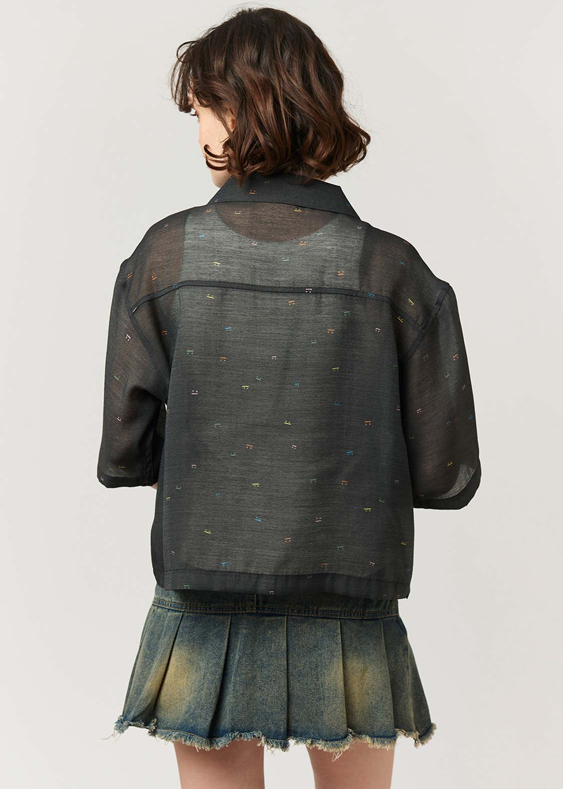 Open Collar Short Sleeve Sheer Shirt (Beautiful Shadow Zoom Neon)