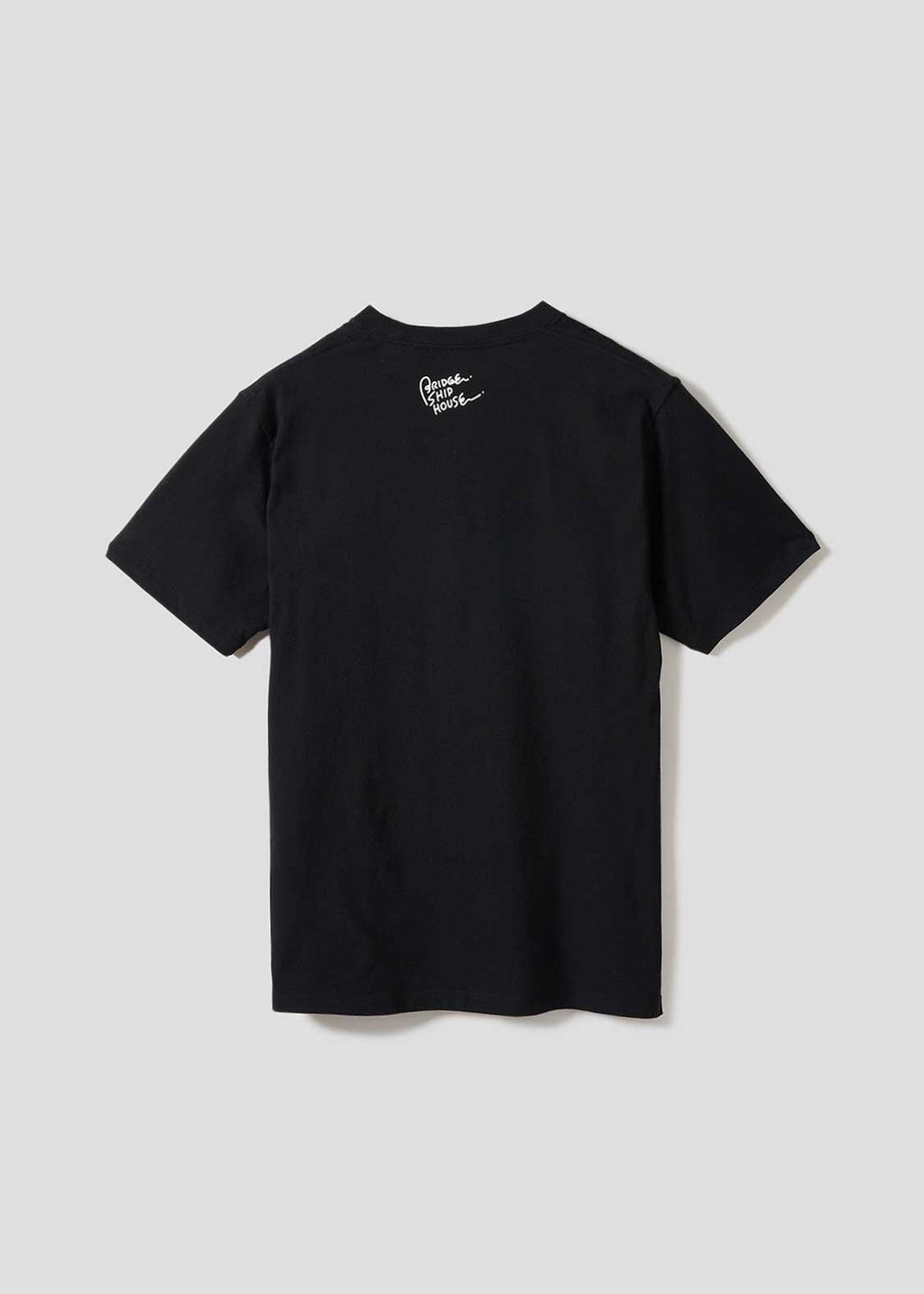 Black t-shirt with a logo on the back against a light gray background