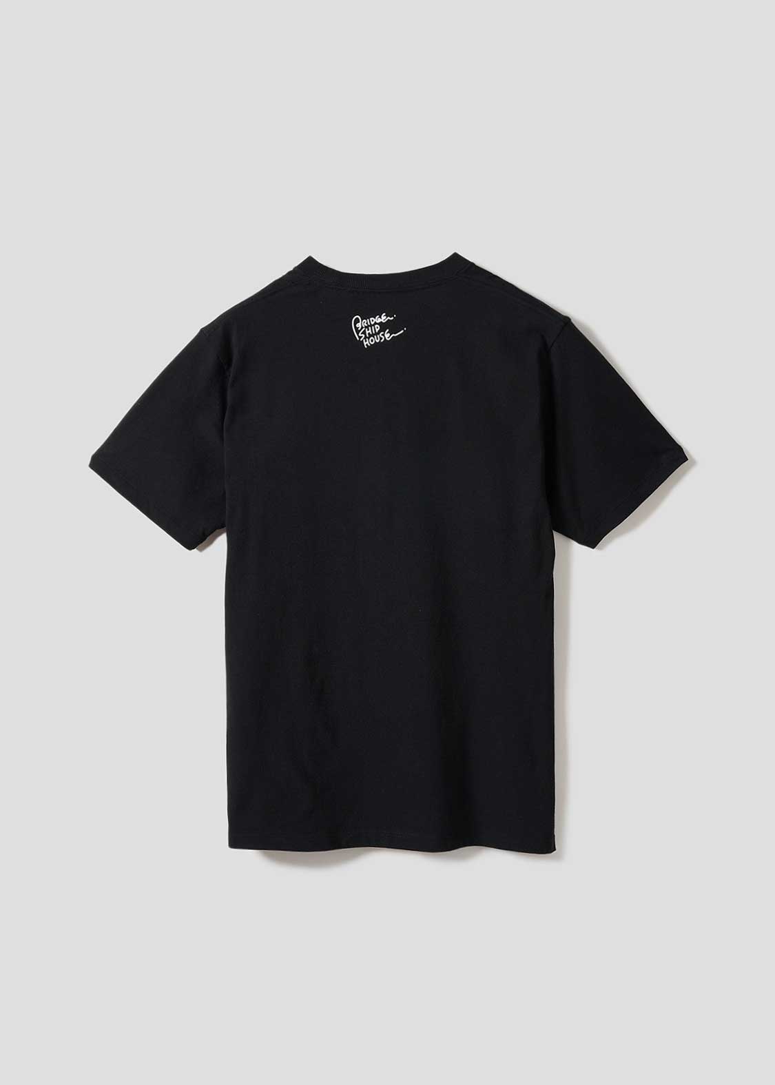 Black t-shirt with a logo on the back against a light gray background