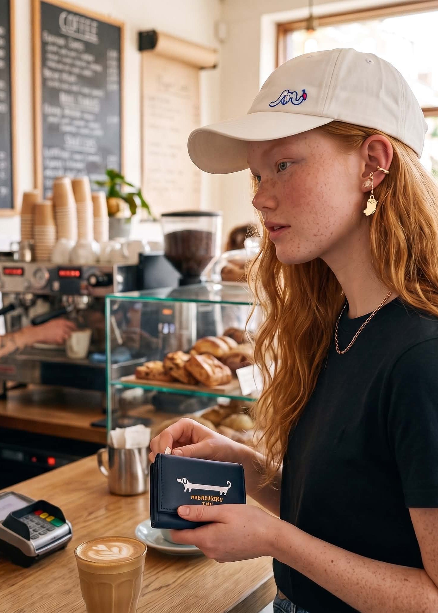 A woman in a coffee shop wearing a white cap with a blue logo and holding a navy blue wallet branded 'The Coffee Club'.