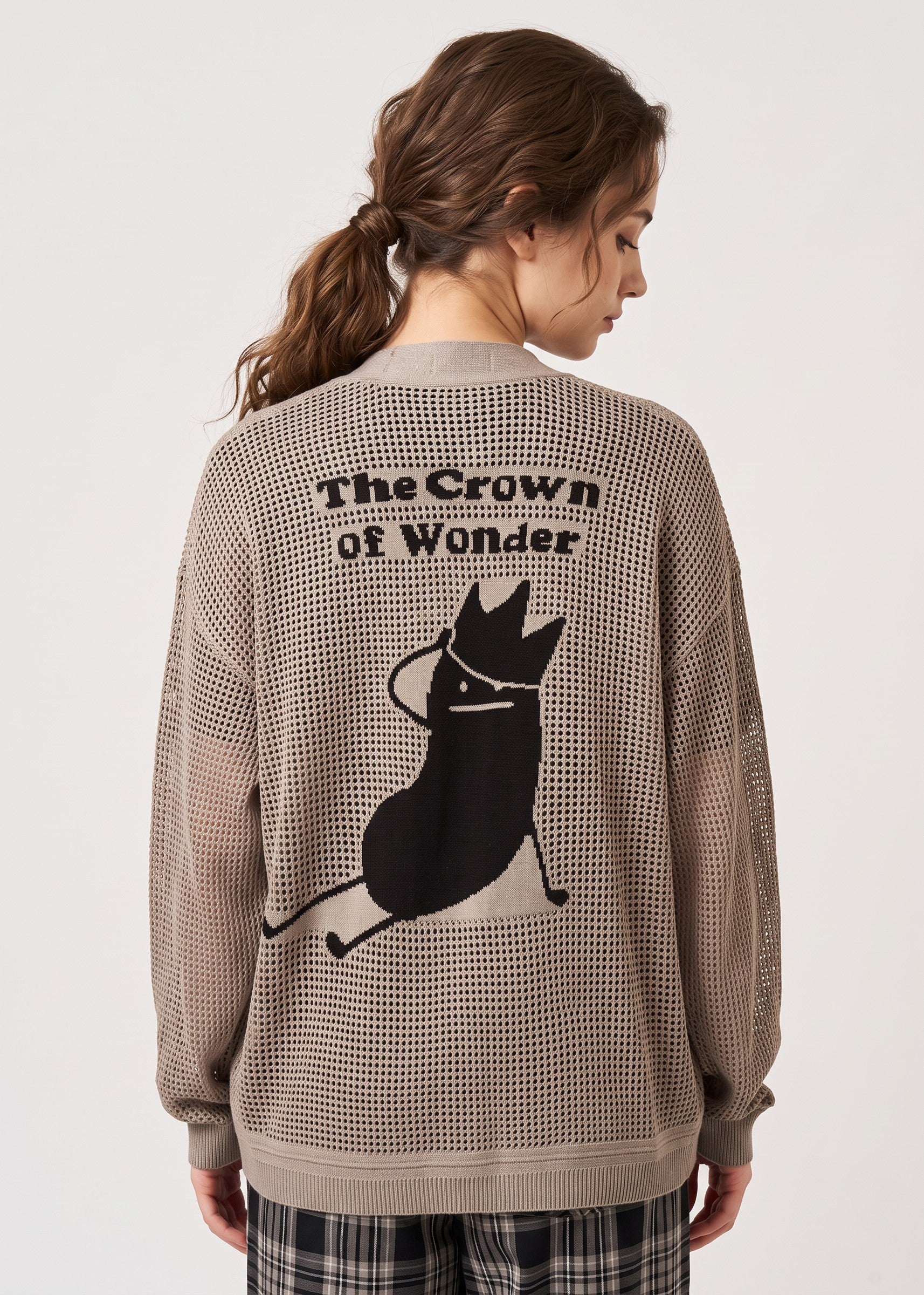 Via Artists beige mesh knit V-neck cardigan with a black embroidered crown character graphic on the back