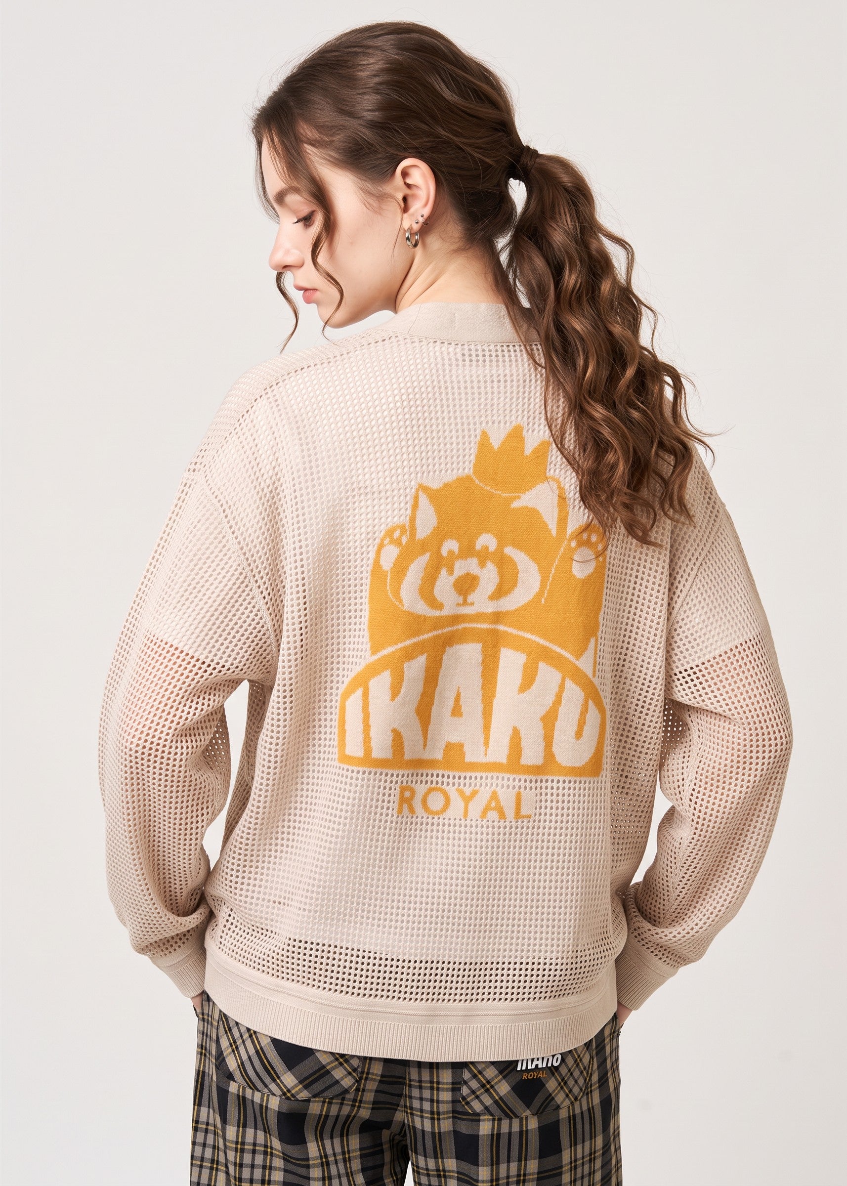 Via Artists Ikaku Royal beige mesh knit V-neck cardigan featuring a red panda graphic embroidery on the back