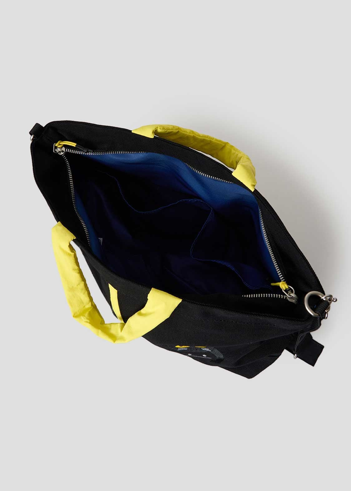 Via Artists Nekokaburi 2-way black cotton canvas tote bag with bright yellow handles and blue interior pockets