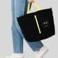 Via Artists Nekokaburi black cotton canvas 2-way tote bag with yellow straps and embroidered cat mask design.