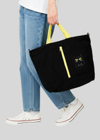 Via Artists Nekokaburi black cotton canvas 2-way tote bag with yellow straps and embroidered cat mask design.
