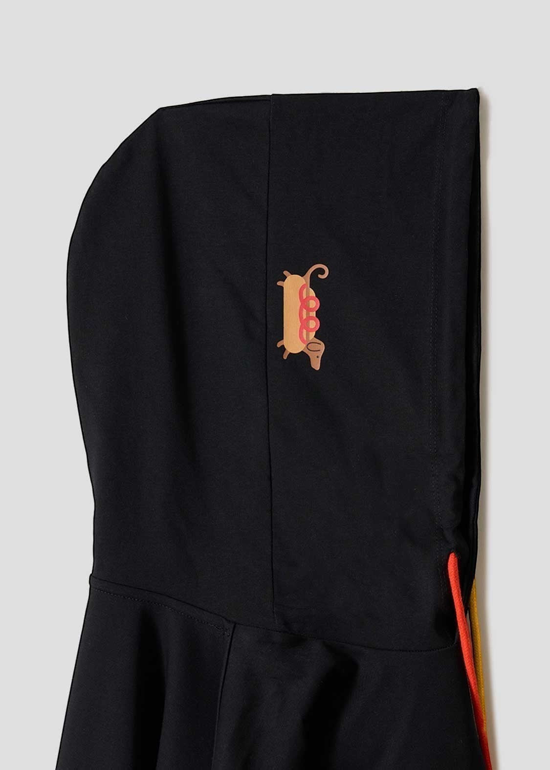 Via Artists black short-sleeve hoodie featuring a cute embroidered long dog hot dog graphic on the side of the hood