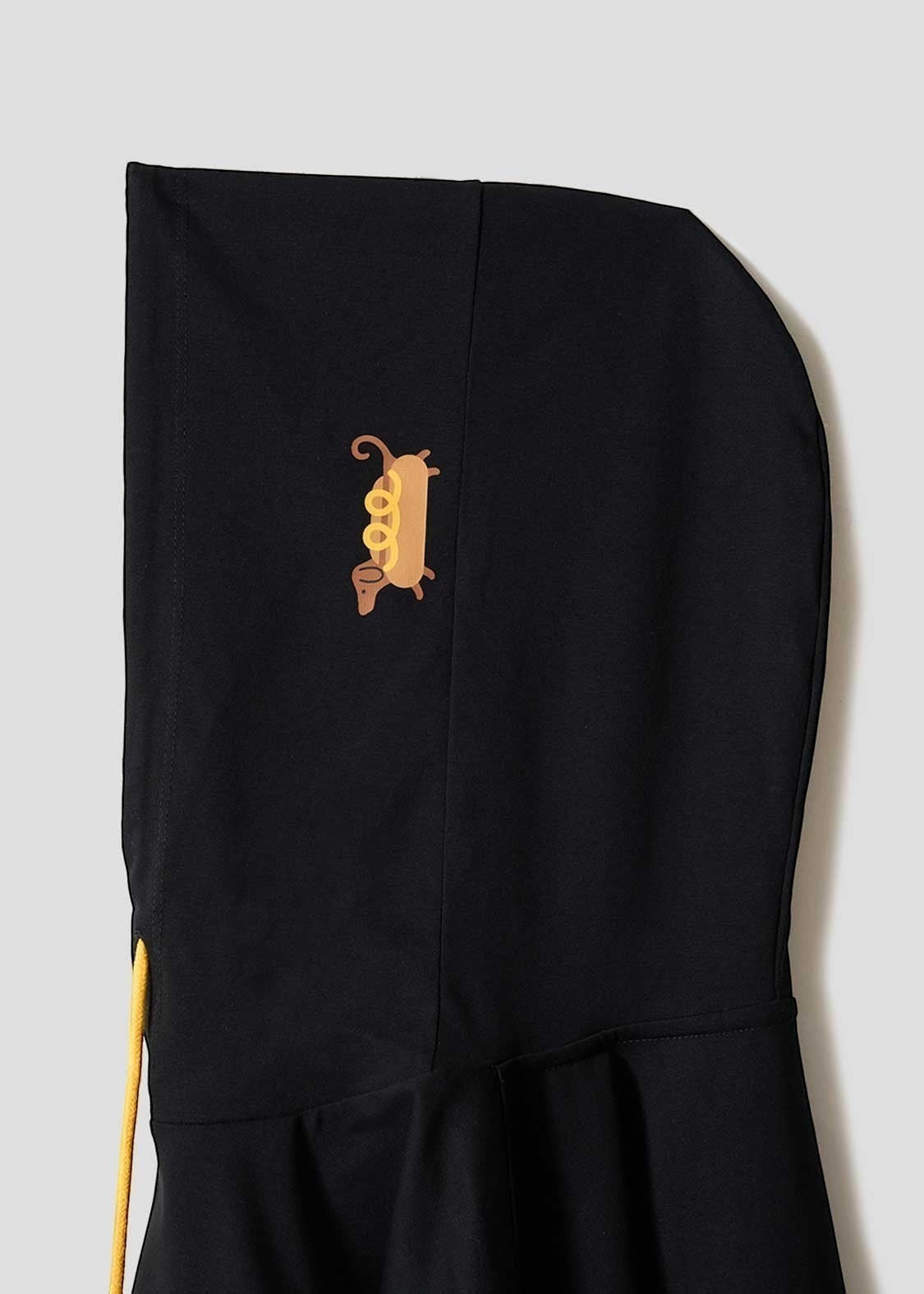Via Artists black short-sleeve hoodie hood featuring an embroidered long dog and hot dog graphic