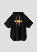 Via Artists black short-sleeve hoodie featuring an embroidered long dog hot dog graphic and colorful drawstring cords.