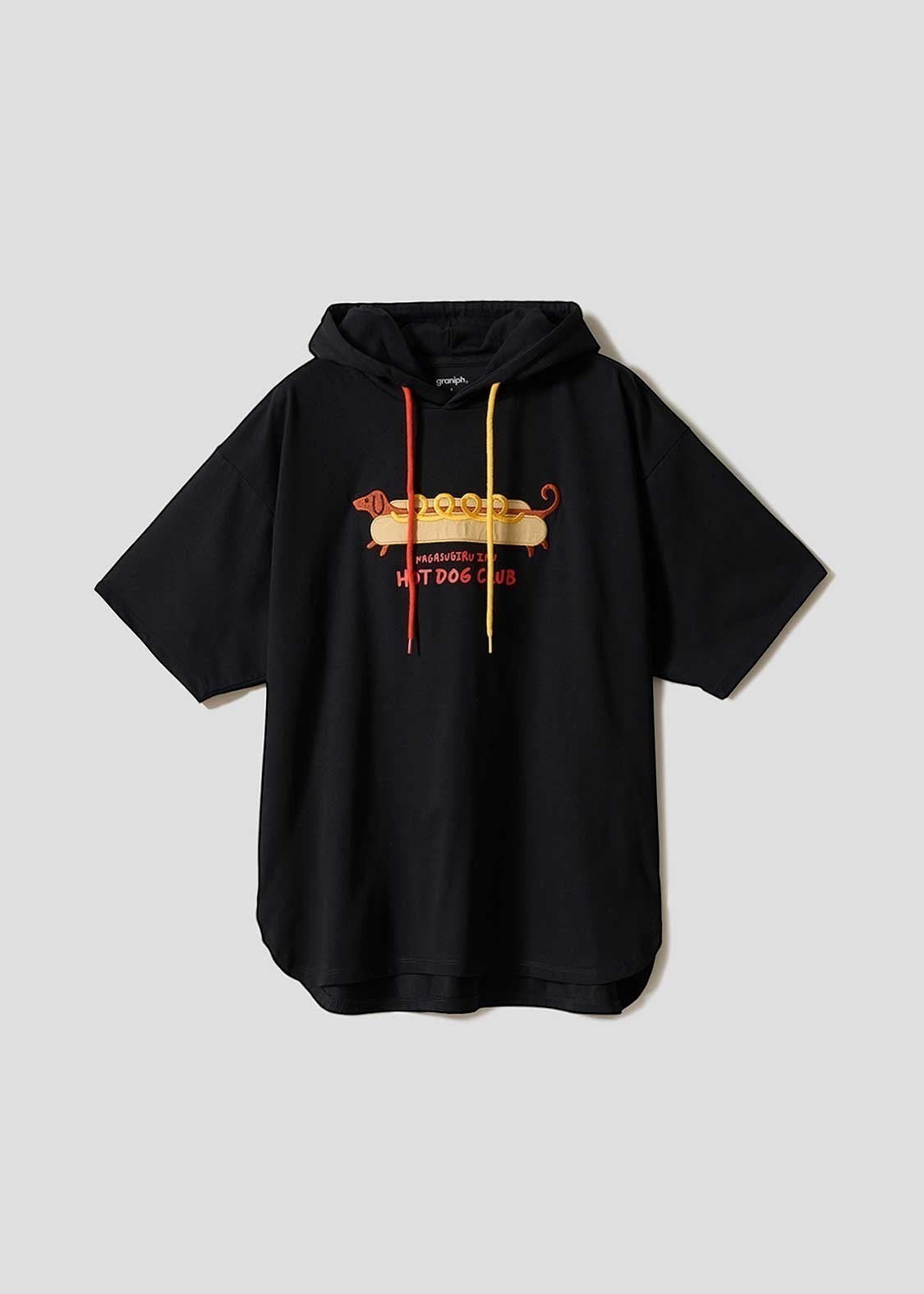 Via Artists black short-sleeve hoodie featuring an embroidered long dog hot dog graphic and colorful drawstring cords.