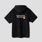 Via Artists black short-sleeve hoodie featuring Nagasugiru Inu Hot Dog Club graphic embroidery on the back