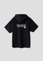 Via Artists black short-sleeve hoodie featuring Nagasugiru Inu Hot Dog Club graphic embroidery on the back