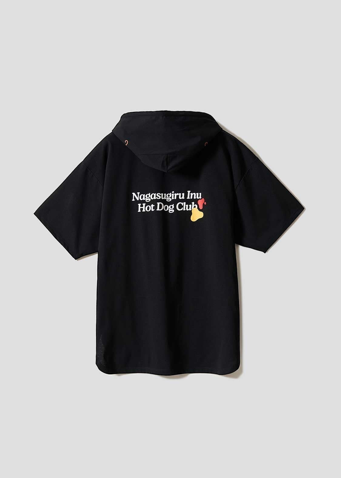Via Artists black short-sleeve hoodie featuring Nagasugiru Inu Hot Dog Club graphic embroidery on the back