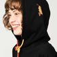 Via Artists black short-sleeve hoodie featuring a red panda embroidery on the hood and a colourful drawstring.