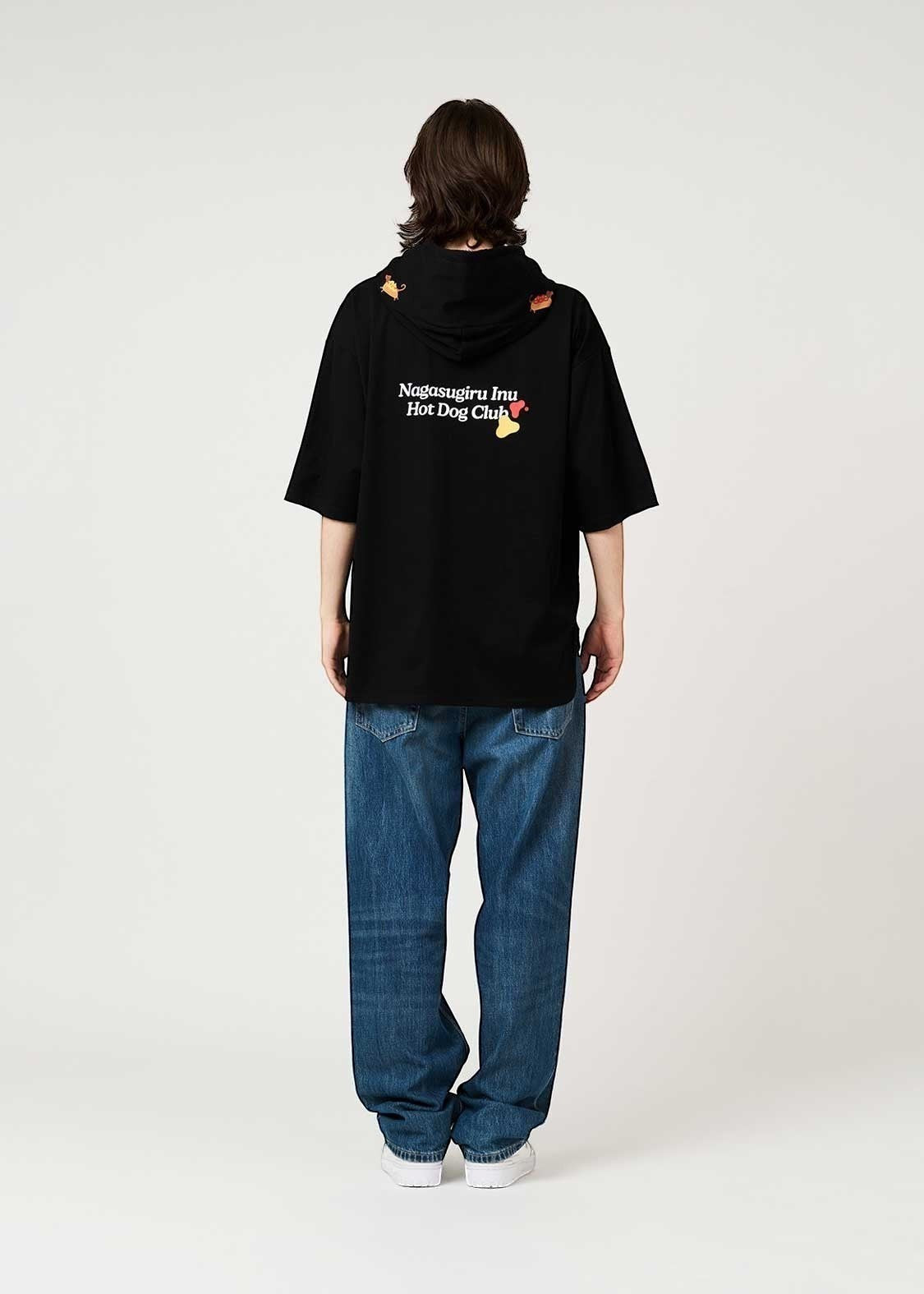 Via Artists black short-sleeve hoodie with Nagasugiru Inu Hot Dog graphic on back and red panda embroidery on hood