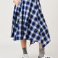 Via Artists unisex check skirt with irregular hem, blue plaid pattern, small crown embroidery, and side pockets.