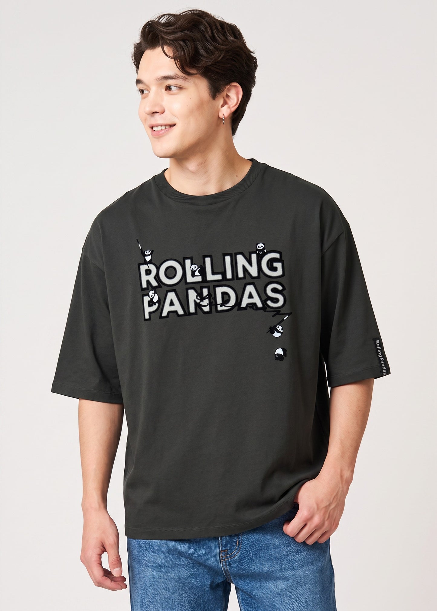 Via Artists relaxed-fit charcoal grey peach-brushed cotton t-shirt with Rolling Pandas flock print and 5/8 sleeves