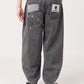 Via Artists unisex balloon denim pants in washed grey with crown embroidery and elastic back waistband, back view