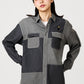 Via Artists unisex relaxed-fit denim shirt in grey patchwork with embroidered Beautiful Shadow crown character design