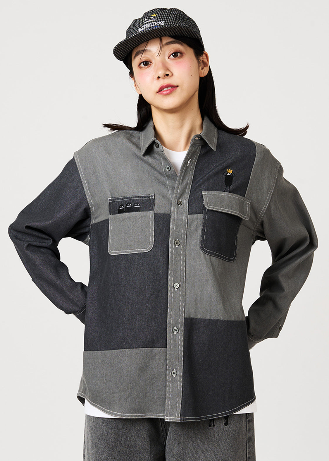 Via Artists unisex relaxed-fit denim shirt in grey patchwork with embroidered Beautiful Shadow crown character design