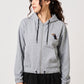 Via Artists royal grey zip hoodie with red panda embroidery worn by a woman with a rounded hem and soft cotton fabric