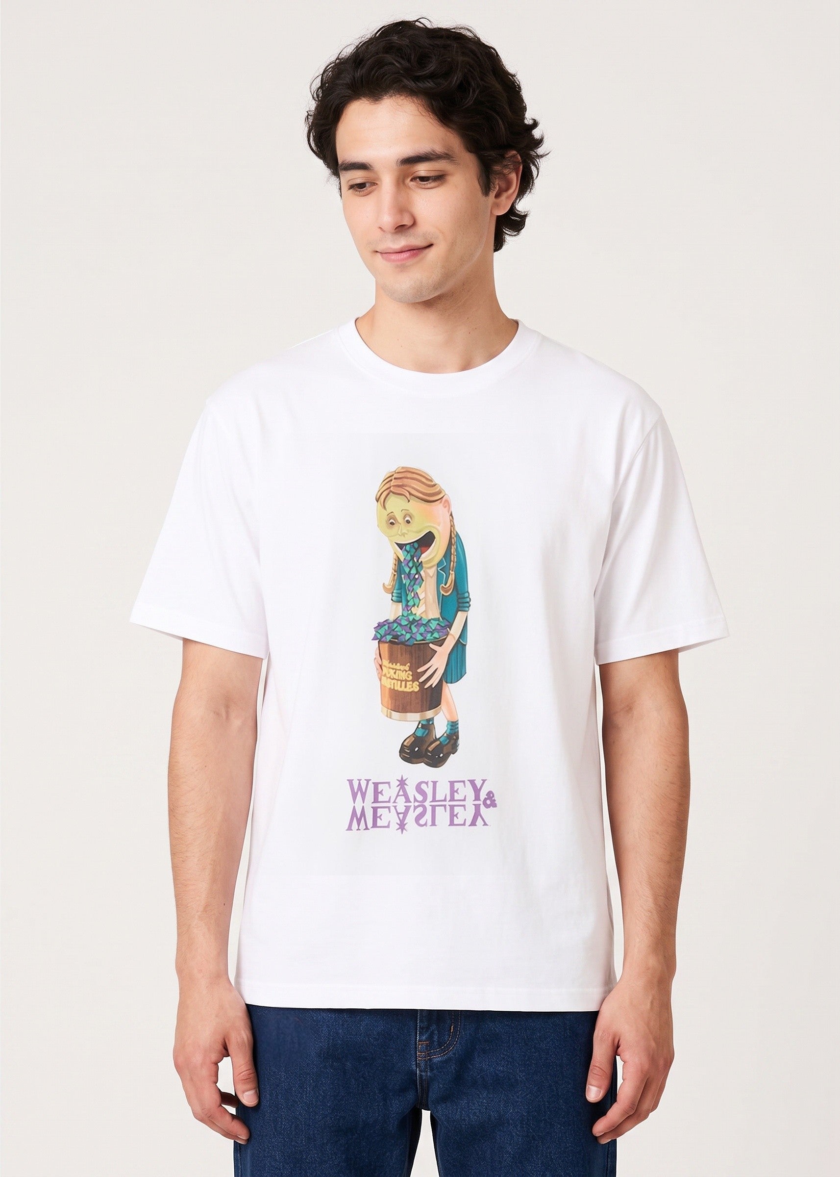 Via Artists white cotton unisex T-shirt featuring a Harry Potter Puking Pastilles graphic print on a male model