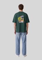 Via Artists Helcovell Rush oversized dark green cotton t-shirt with back graphic print worn by a man