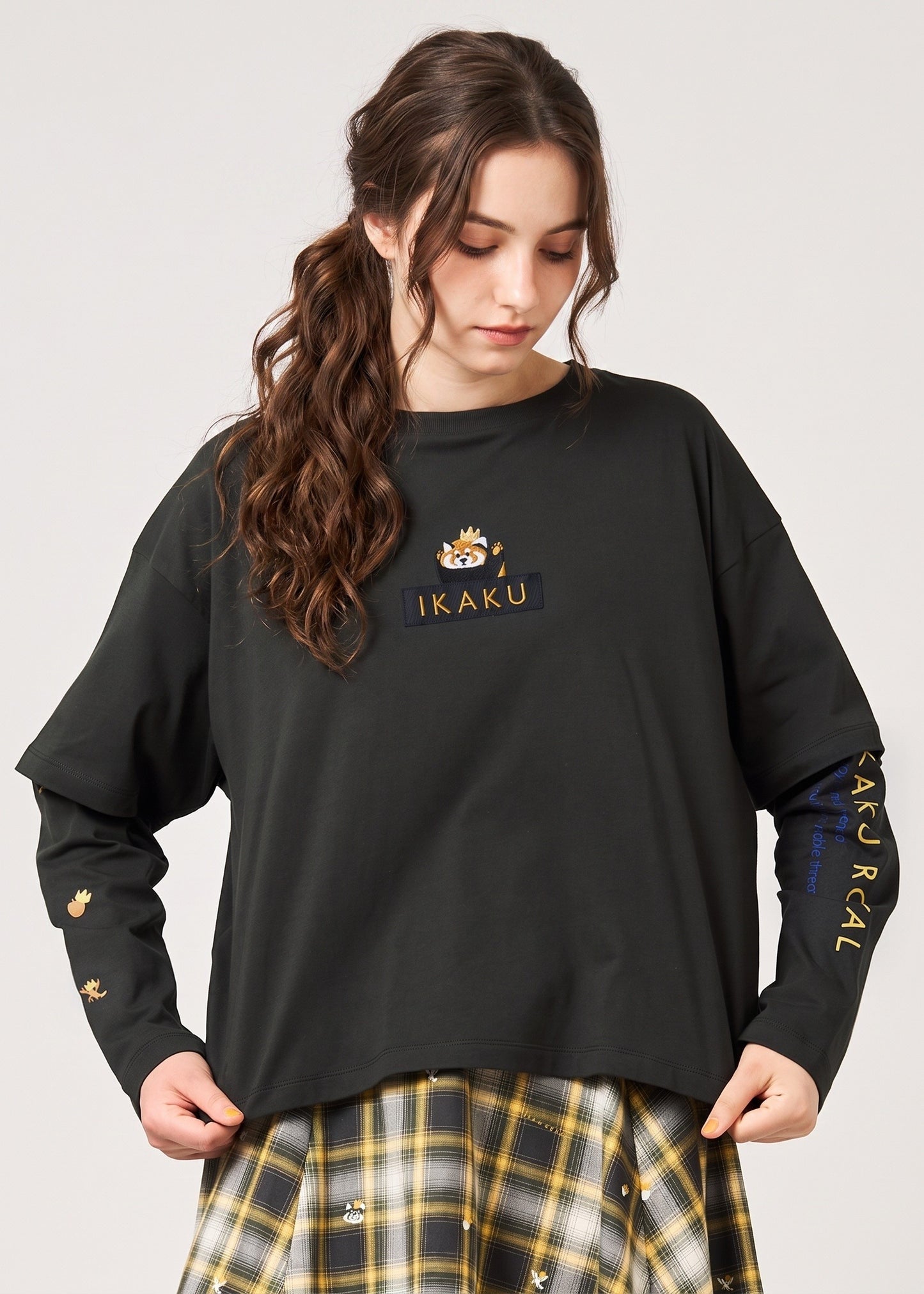 Via Artists Ikaku Royal black long-sleeve layered t-shirt with red panda embroidery on a female model