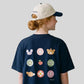 Via Artists Kazukuma Collage oversized navy cotton t-shirt with colorful graphic print on back worn by a model