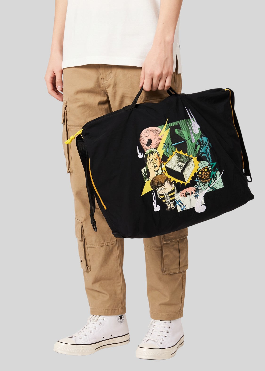 Via Artists Shigeru Mizuki Kitaro black nylon shoulder bag with embroidered spooky character graphics and yellow trim